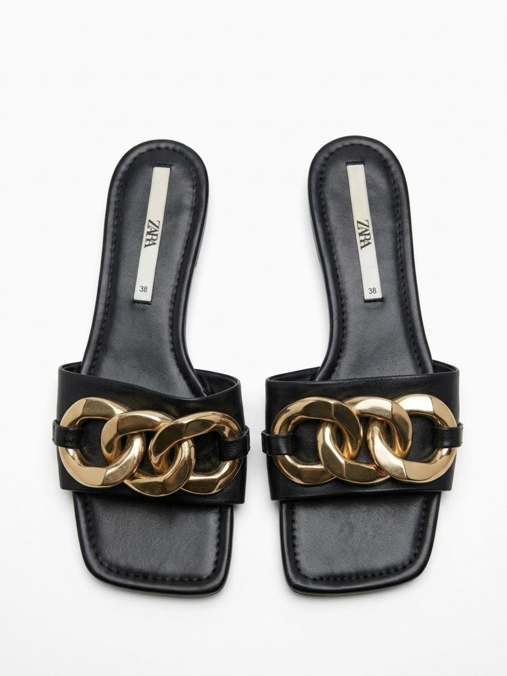 Zara Black Leather Slide Sandals with Chunky Gold Chain